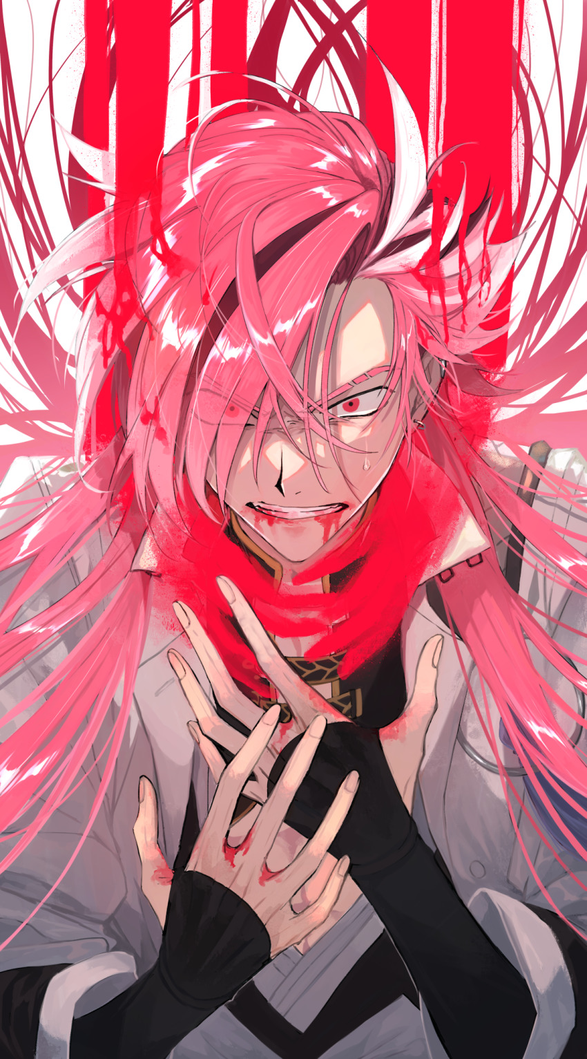 1boy, angry, annoyed, black_hair, bleeding, blood, blood_on_face, blood_on_hands