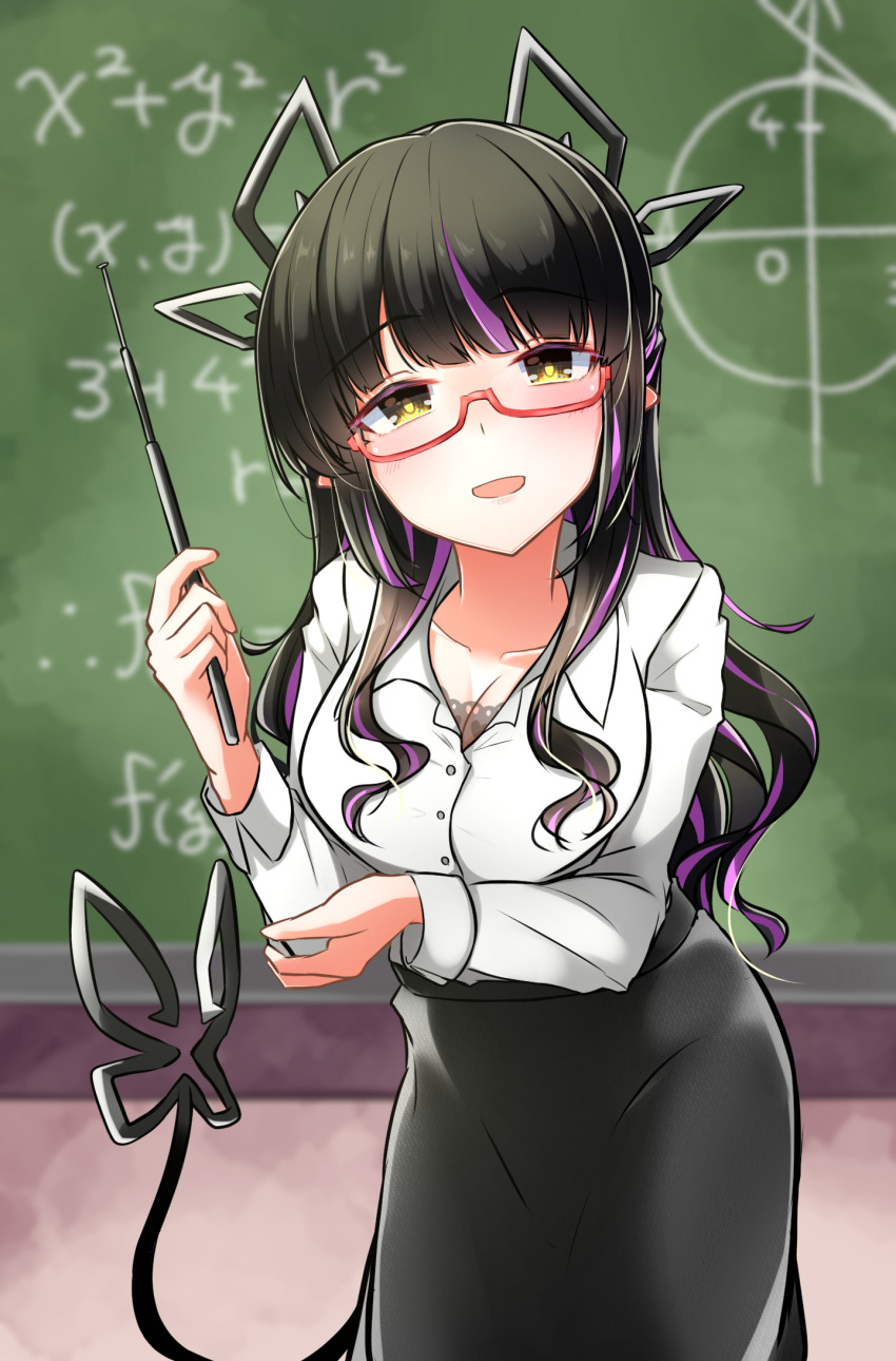 1girl, alternate_costume, alternate_hairstyle, bespectacled, black_hair, black_skirt, blunt_bangs, blush