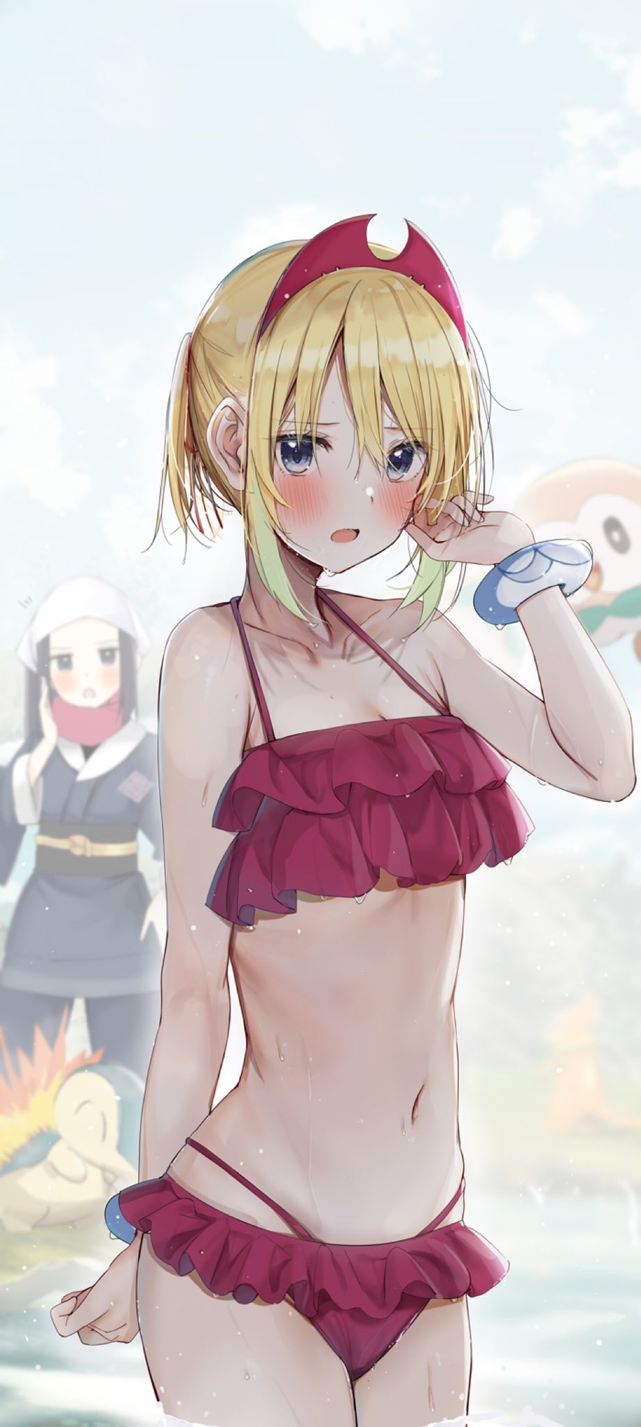 2girls, akari_(pokemon), arm_behind_back, bikini, blonde_hair, blue_eyes, blurry, blurry_background