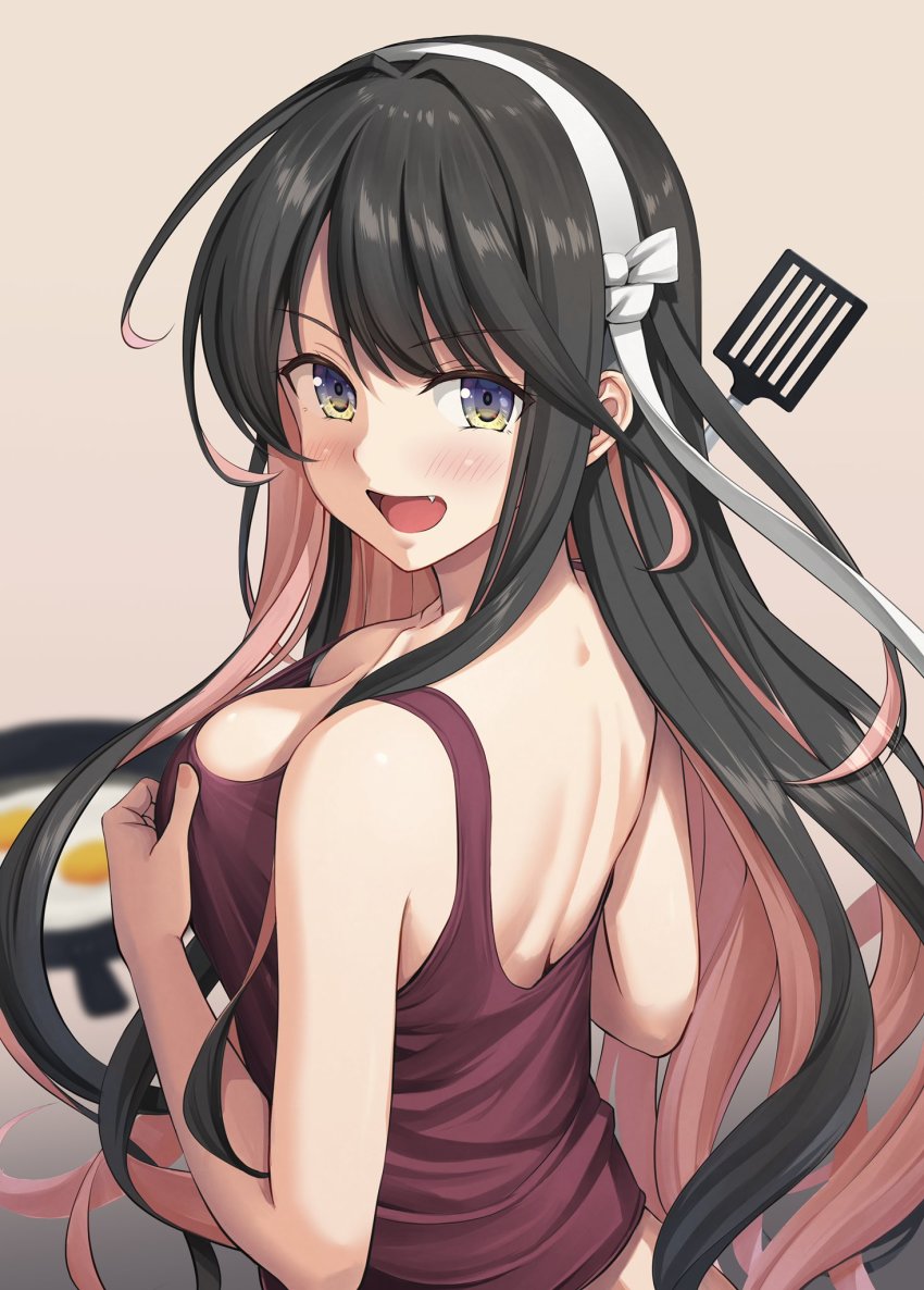 1girl, alternate_costume, black_hair, blurry, breasts, commentary_request, cooking, depth_of_field, egg_(food), fang, food, fried_egg, from_behind, hairband, highres, ichikawa_feesu, kantai_collection, large_breasts, long_hair, multicolored_hair, naganami_(kancolle), naganami_kai_ni_(kancolle), pink_hair, purple_eyes, purple_tank_top, solo, tank_top, two-tone_hair, upper_body, white_hairband