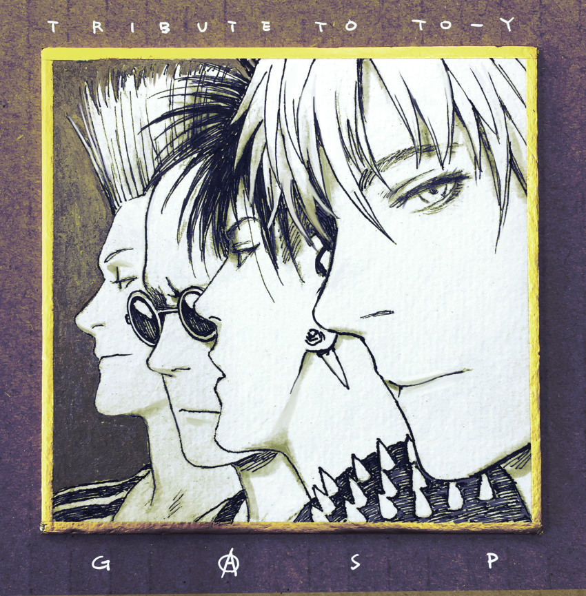 4boys, absurdres, anarchy_symbol, border, closed_mouth, copyright_name, earrings, english_text, fujii_to-y, highres, jewelry, kondou_isami_(to-y), looking_at_viewer, looking_away, male_focus, mohawk, momomoto_gou, monochrome, multiple_boys, murata_range, parted_lips, portrait, profile, punk, round_eyewear, shikishi, short_hair, sideways_glance, spiked_jacket, spikes, stud_earrings, sunglasses, suzuki_shouji, to-y, traditional_media