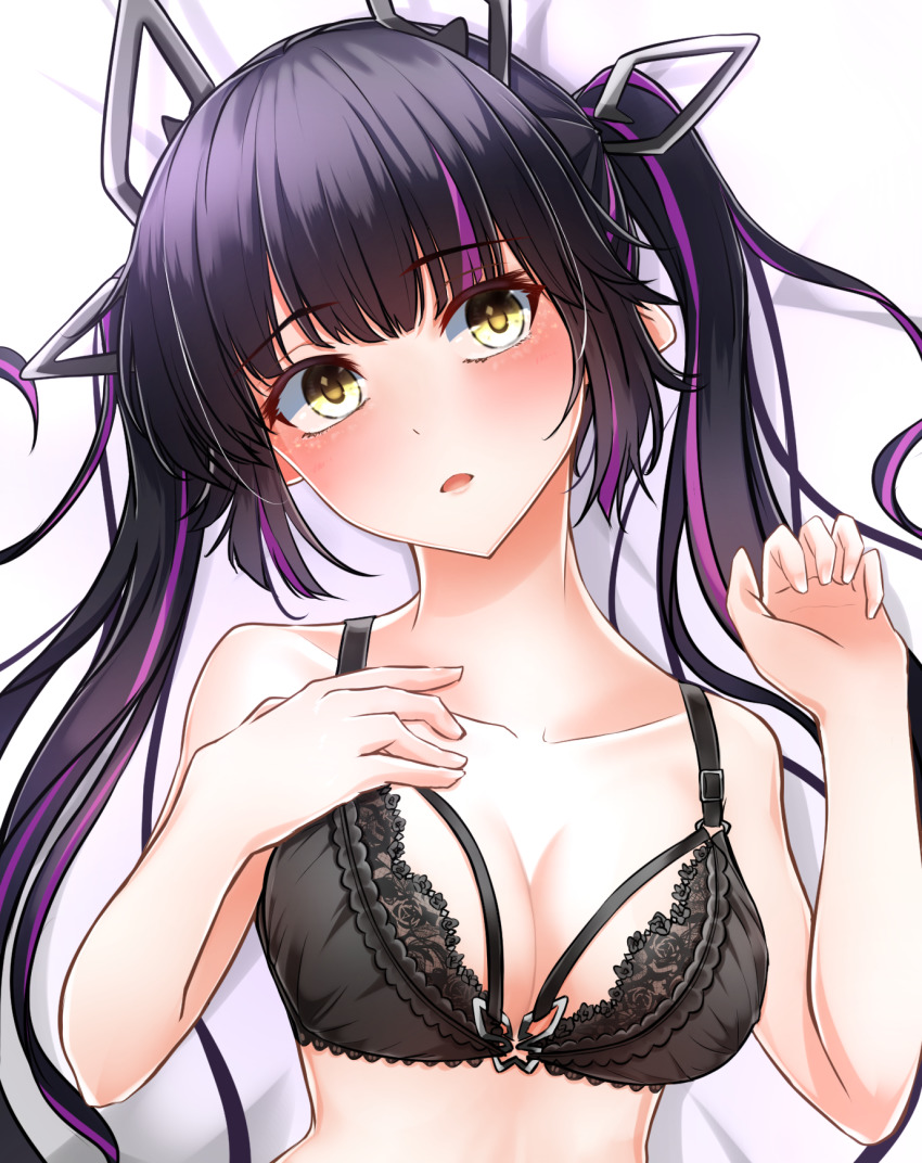 1girl, black_bra, black_hair, blunt_bangs, blush, bra, breasts, cleavage, collarbone, commentary_request, dameyoshi, demon_girl, demon_horns, hand_on_own_chest, highres, horns, kojo_anna, lace, lace_bra, long_hair, looking_at_viewer, medium_breasts, multicolored_hair, nanashi_inc., open_mouth, pointy_ears, purple_hair, solo, twintails, two-tone_hair, underwear, upper_body, virtual_youtuber, yellow_eyes