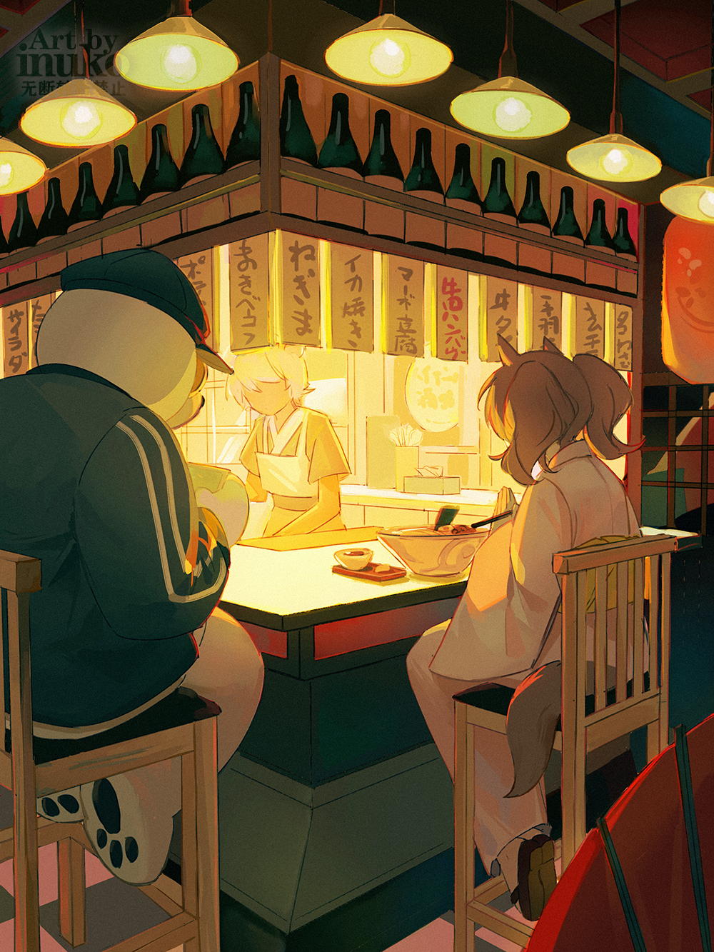 1girl, 2boys, alternate_costume, angelina_(arknights), animal_ears, animal_feet, arknights, artist_name