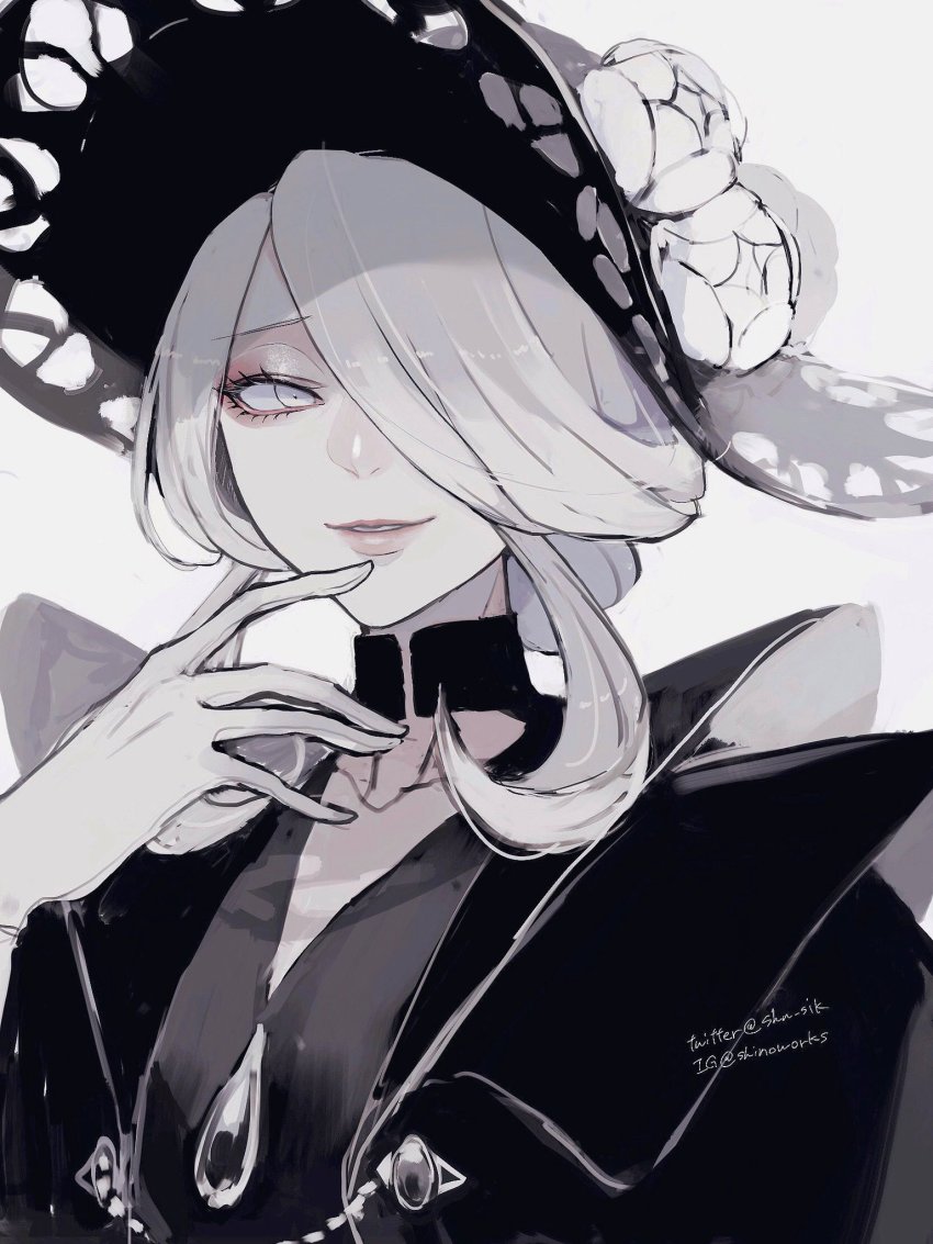 1girl, black_dress, black_hat, breasts, cogita_(pokemon), collarbone, dress, gloves, grey_eyes, hair_over_one_eye, hand_up, hat, highres, looking_at_viewer, medium_hair, nintendo, pokemon, pokemon_legends:_arceus, shino_(shino-xx), smile, solo, white_gloves, white_hair