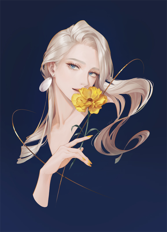 1girl, blonde_hair, blue_background, blue_eyes, earrings, flower, holding, holding_flower