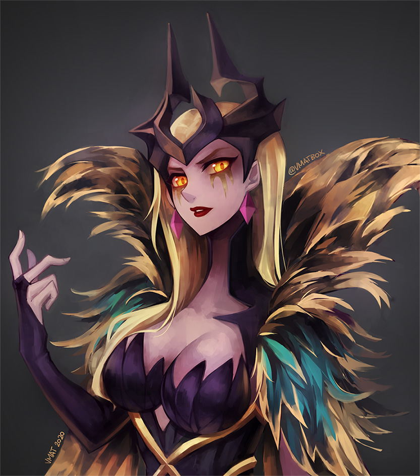 1girl, artist_name, breasts, cleavage, collarbone, colored_skin, coven_leblanc, fur_trim, gradient_background, grey_background, hair_ornament, hand_up, large_breasts, league_of_legends, leblanc_(league_of_legends), long_hair, looking_at_viewer, official_alternate_costume, orange_eyes, parted_lips, pink_skin, red_lips, solo, teeth, vmat