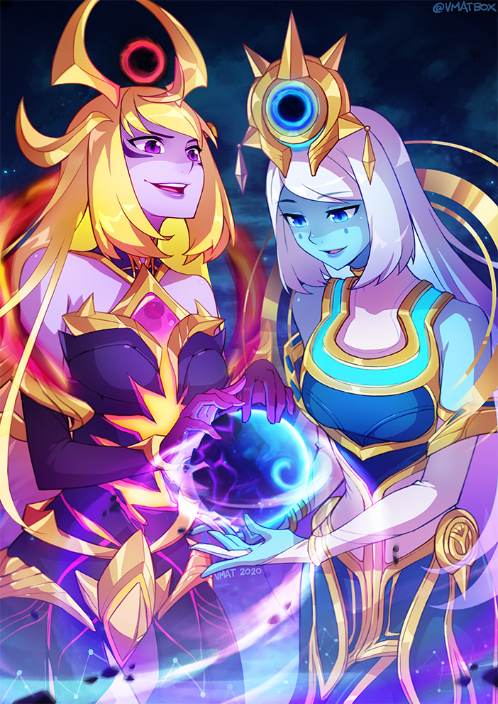 2020, 2girls, :d, artist_name, bare_shoulders, black_dress, blonde_hair, blue_dress