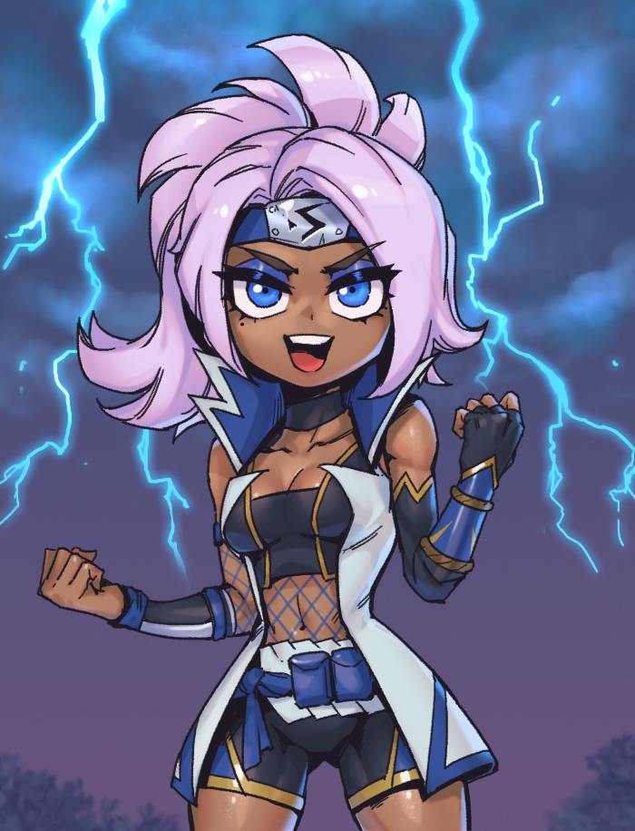1girl, :d, bare_shoulders, belt, black_choker, black_gloves, black_shorts, blue_belt, blue_eyes, breasts, choker, clenched_hands, collarbone, commentary, cowboy_shot, fingerless_gloves, fishnets, forehead_protector, gloves, grey_hair, hand_up, jacket, league_of_legends, lightning, medium_breasts, navel, official_alternate_costume, open_clothes, open_jacket, open_mouth, phantom_cross, ponytail, pouch, qiyana_(league_of_legends), shockblade_qiyana, shorts, smile, solo, teeth, tongue, untranslatable_commentary, upper_teeth_only