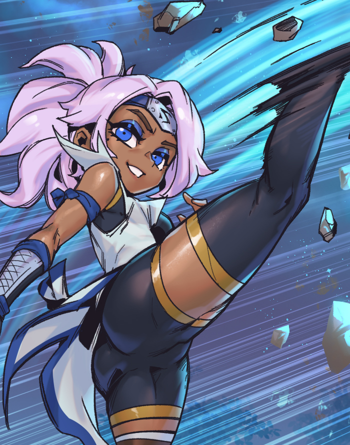 1girl, ass, bare_shoulders, black_shorts, black_thighhighs, blue_eyes, breasts, dark-skinned_female, dark_skin, forehead_protector, grey_hair, grin, jacket, league_of_legends, leg_up, long_hair, looking_at_viewer, medium_breasts, night, official_alternate_costume, outdoors, phantom_cross, ponytail, qiyana_(league_of_legends), rock, shiny_skin, shockblade_qiyana, shorts, sky, smile, solo, star_(sky), starry_sky, teeth, thighhighs, white_jacket