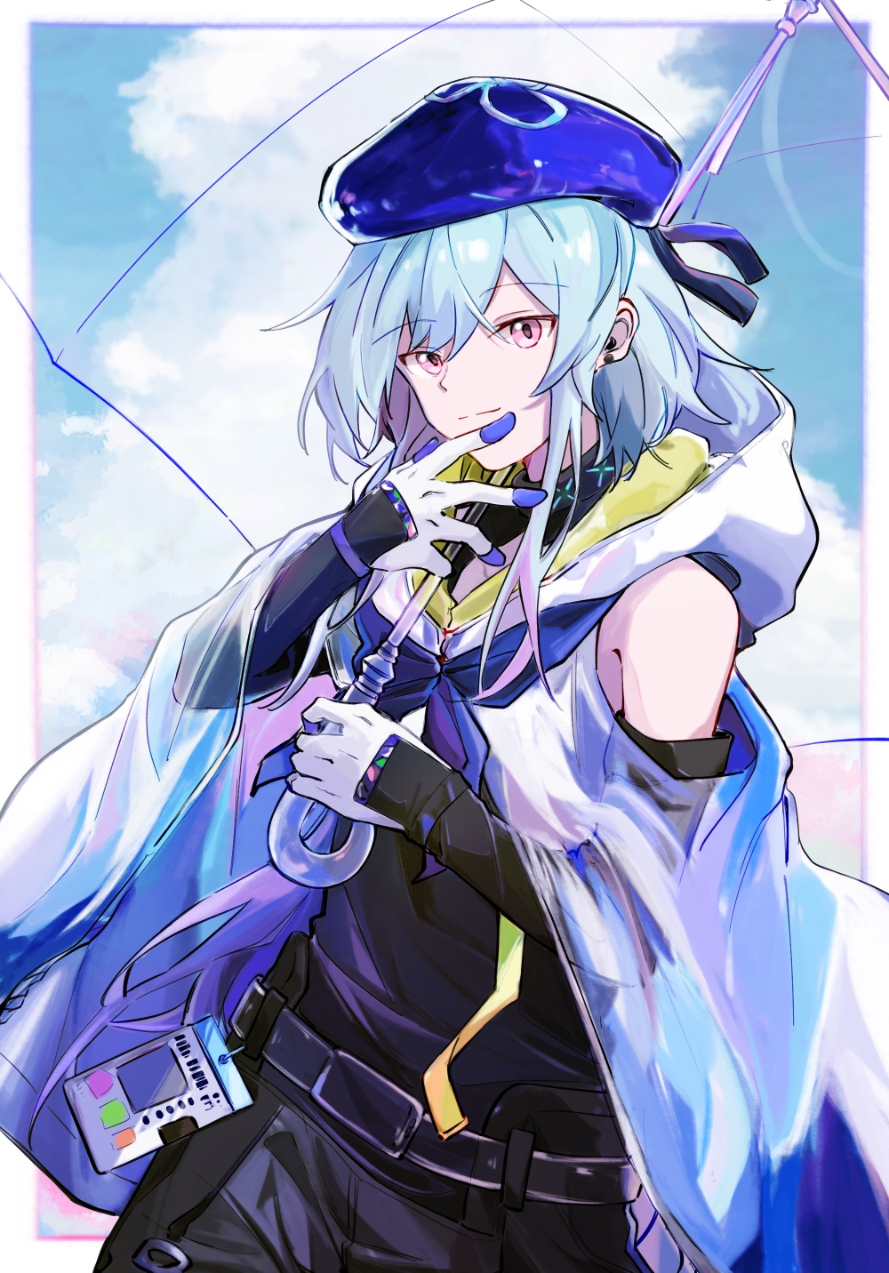 1boy, androgynous, arknights, blue_cloak, blue_hair, blue_headwear, blue_nails, chinese_commentary