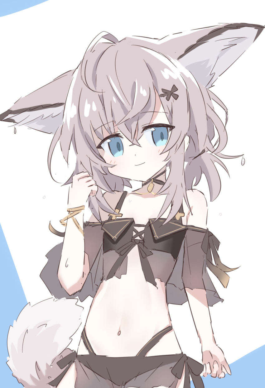 1girl, ahoge, animal_ears, arknights, bare_shoulders, bikini, black_bikini, black_choker, blue_eyes, brown_hair, choker, cowboy_shot, fox_ears, fox_girl, fox_tail, hair_ornament, hairclip, hand_up, highres, light_blush, looking_at_viewer, nashi_chai1346, navel, official_alternate_costume, see-through_clothes, short_hair, short_twintails, smile, solo, sussurro_(arknights), sussurro_(summer_flower)_(arknights), swimsuit, tail, twintails, white_background