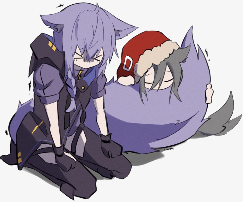 >_<, 2girls, ahoge, animal_ear_fluff, animal_ears, arknights, black_gloves, black_legwear, braid, chinese_commentary, closed_eyes, commentary_request, fur-trimmed_hood, fur_trim, gloves, grey_hair, hibioes, highres, hood, hood_up, hooded_jacket, hugging_another's_tail, jacket, large_tail, long_hair, multiple_girls, projekt_red_(arknights), provence_(arknights), purple_hair, tail, hugging_tail, tail_wagging, wolf_ears, wolf_girl, wolf_tail