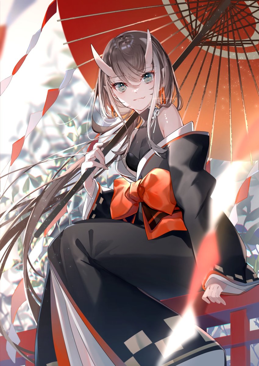 1girl, arm_support, asu_(sinsekai), bare_shoulders, black_kimono, blurry, blurry_background, bow