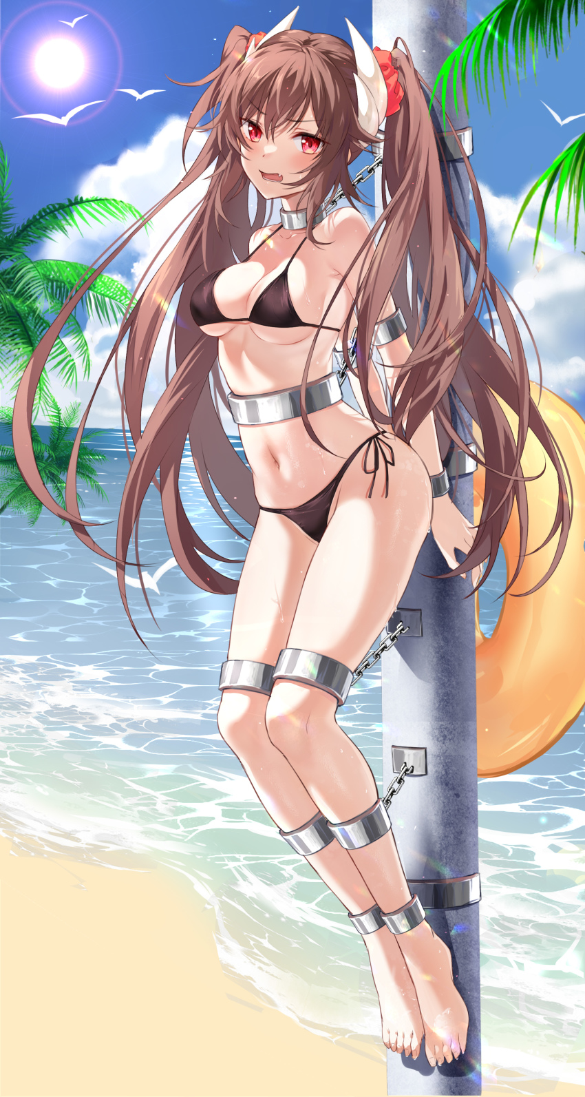 1girl, absurdres, arms_behind_back, azur_lane, bare_shoulders, barefoot, beach, bikini