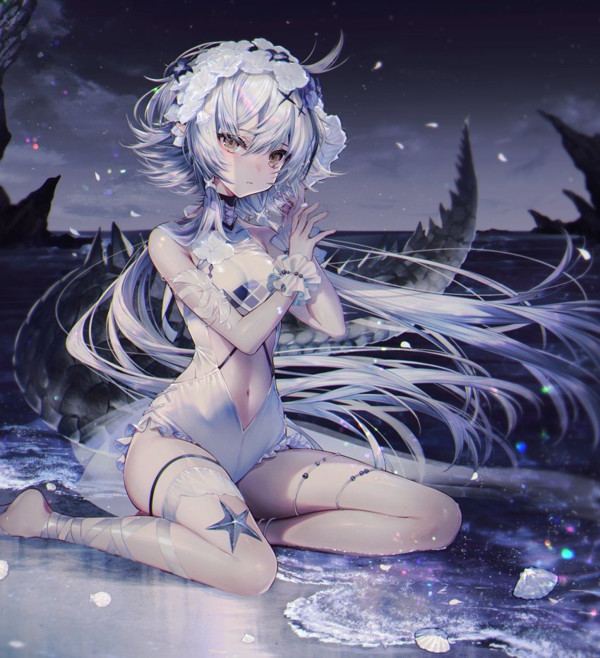 1girl, arknights, arm_strap, bare_shoulders, barefoot, beach, black_flower, breasts, brown_eyes, casual_one-piece_swimsuit, closed_mouth, clothing_cutout, collarbone, commentary_request, crocodilian_tail, flower, frilled_one-piece_swimsuit, frilled_swimsuit, frills, hair_between_eyes, hair_flower, hair_ornament, highres, holding, holding_shell, horizon, long_hair, looking_at_viewer, navel, navel_cutout, night, ocean, official_alternate_costume, on_ground, one-piece_swimsuit, outdoors, pointy_ears, sand, scales, seashell, shell, shell_to_ear, silver_hair, sitting, sky, small_breasts, solo, starfish, swimsuit, tail, tarutaru_yamaoka, thigh_strap, tomimi_(arknights), tomimi_(silent_night)_(arknights), very_long_hair, water, white_flower, white_one-piece_swimsuit, wrist_cuffs, yokozuwari