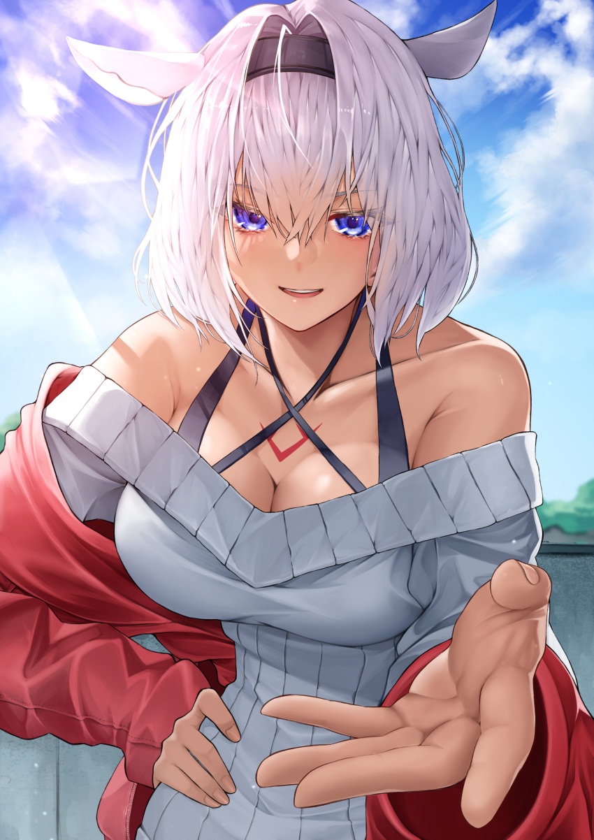 1girl, absurdres, animal_ears, blue_eyes, body_markings, breasts, caenis_(fate), cleavage