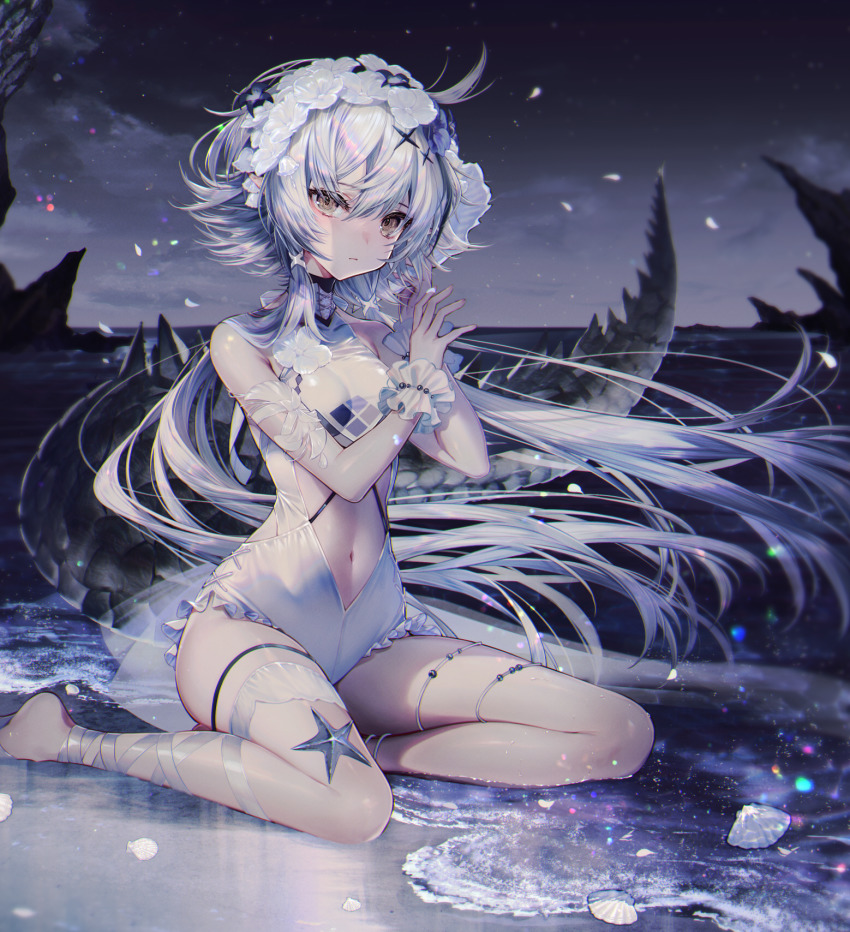1girl, arknights, arm_strap, bare_shoulders, barefoot, beach, black_flower, breasts, brown_eyes, casual_one-piece_swimsuit, closed_mouth, clothing_cutout, collarbone, commentary_request, crocodilian_tail, flower, frilled_one-piece_swimsuit, frilled_swimsuit, frills, hair_between_eyes, hair_flower, hair_ornament, highres, holding, holding_shell, horizon, long_hair, looking_at_viewer, navel, navel_cutout, night, ocean, official_alternate_costume, on_ground, one-piece_swimsuit, outdoors, pointy_ears, sand, scales, seashell, shell, shell_to_ear, silver_hair, sitting, sky, small_breasts, solo, starfish, swimsuit, tail, tarutaru_yamaoka, thigh_strap, tomimi_(arknights), tomimi_(silent_night)_(arknights), very_long_hair, water, white_flower, white_one-piece_swimsuit, wrist_cuffs, yokozuwari