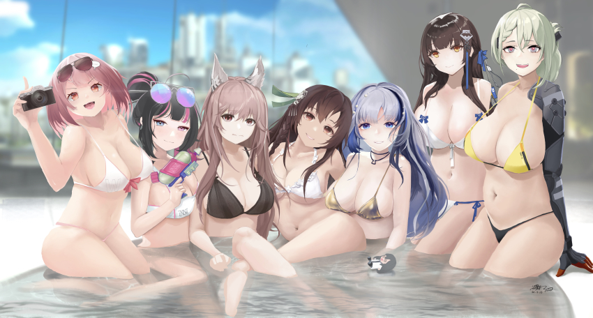 6+girls, absurdres, animal_ear_fluff, animal_ears, arms_behind_back, artist_name, bare_shoulders, bikini