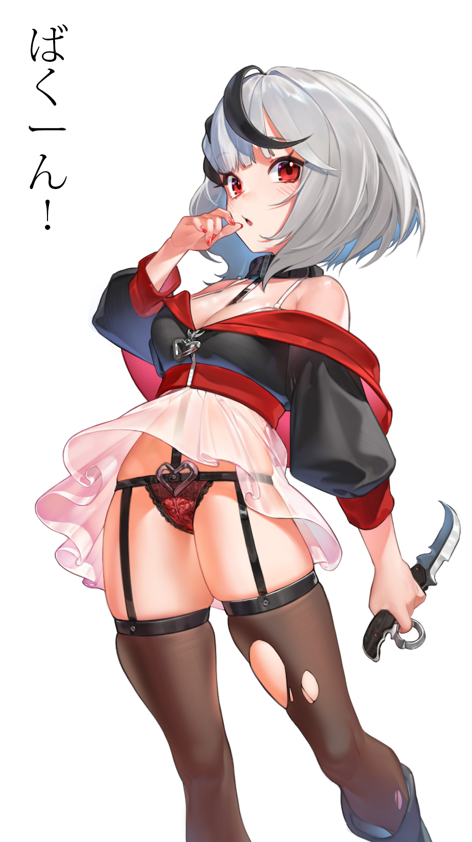 1girl, atta_(atta_1129), bare_shoulders, black_choker, black_nails, black_panties, black_thighhighs, breasts