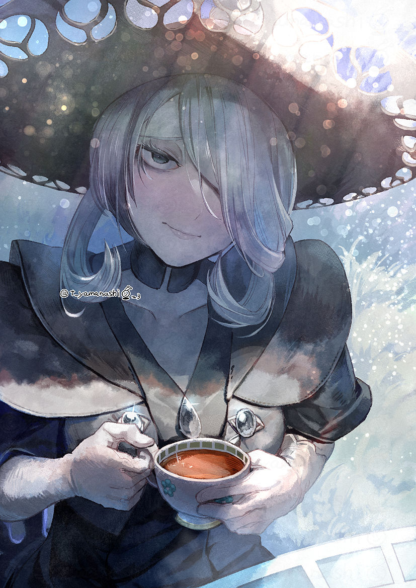 1girl, black_choker, black_hat, choker, closed_mouth, cogita_(pokemon), collarbone, commentary_request, cup, dress, eyelashes, flipped_hair, glint, gloves, grey_eyes, grey_hair, hair_over_one_eye, hat, holding, holding_cup, looking_at_viewer, medium_hair, nintendo, pokemon, pokemon_legends:_arceus, smile, solo, table, tea, white_gloves, yamanashi_taiki