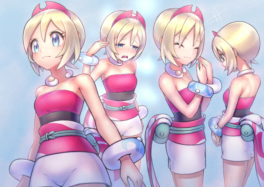 1girl, blonde_hair, blue_eyes, blush, bracelet, closed_eyes, closed_mouth, commentary_request