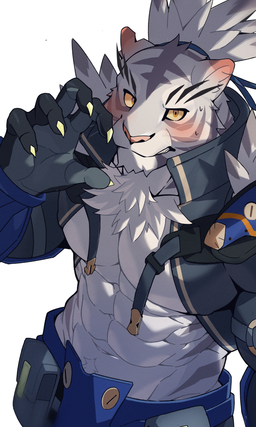 1boy, abs, absurdres, bara, blush, furry, furry_male, grey_fur, highres, large_pectorals, lvluri_(murimurri670), muscular, muscular_male, navel, navel_hair, nimbus_(world_flipper), pectoral_cleavage, pectorals, sidepec, tiger_boy, world_flipper, yellow_eyes