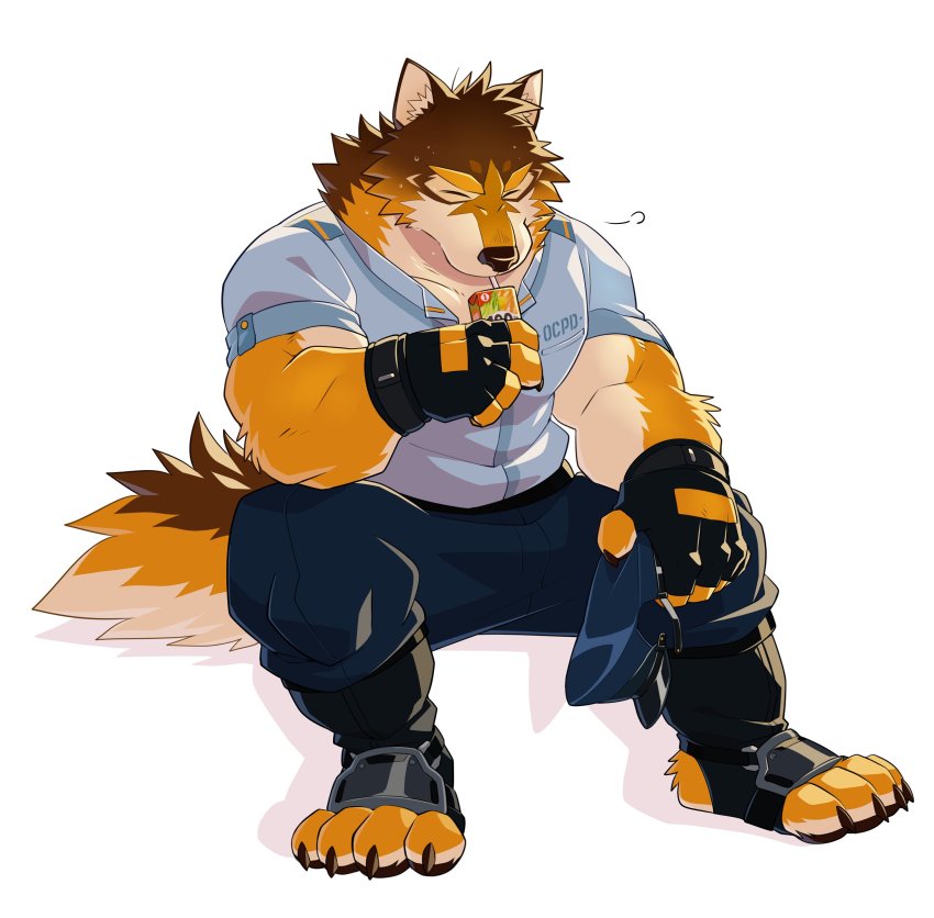 1boy, absurdres, arashi_takemoto, bara, barrel_(live_a_hero), beige_fur, closed_eyes, dog_boy