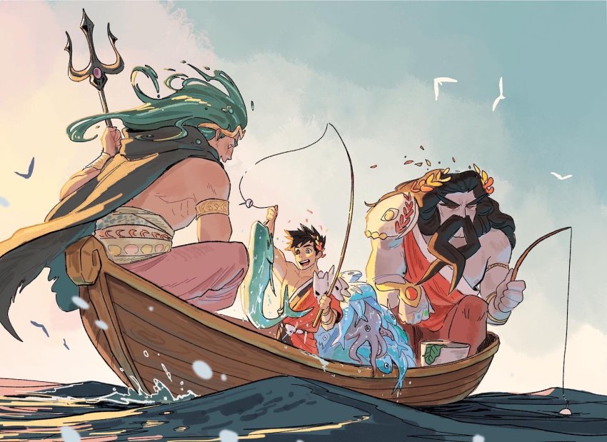 3boys, ancient_greek_clothes, aqua_hair, bird, black_hair, black_sclera, boat, brothers
