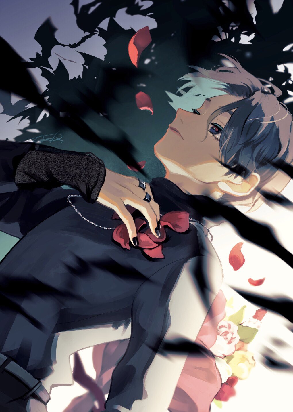 1boy, bat_(animal), black_hair, black_nails, black_shirt, darkness, flower, glowing