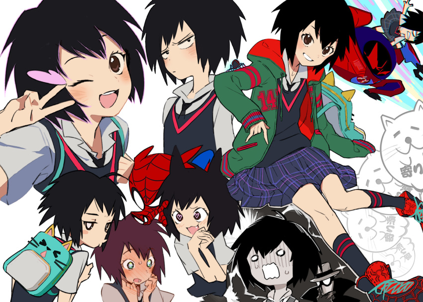 black_hair, gabu_(az210309), hat, heart, heart-shaped_pupils, highres, jacket, kneehighs, marvel, mecha, one_eye_closed, open_mouth, peni_parker, robot, skirt, socks, sp//dr, spider-ham, spider-man:_into_the_spider-verse, spider-man_(series), spider-man_noir, spider-verse, spiderman_(series), symbol-shaped_pupils, teeth, v, v_over_eye