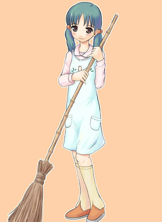 00s, 1girl, apron, bamboo_broom, broom, female_focus, gokujou_seitokai, hisakawa_maachi, orange_background, otsutama_takashi, simple_background, solo