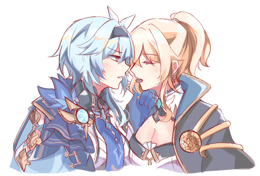 2girls, blonde_hair, blue_hair, blush, breasts, cheschorv, cleavage, closed_mouth
