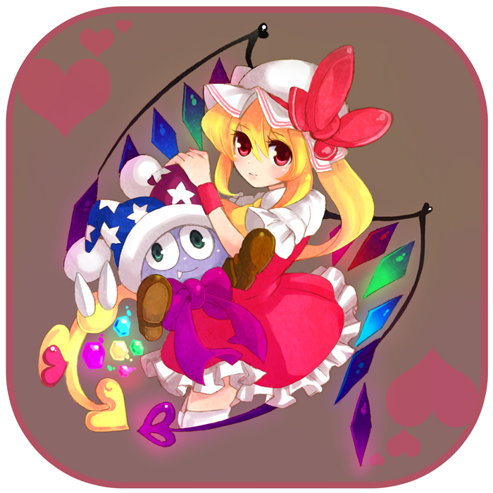 1girl, alternate_eye_color, blonde_hair, blush, crossover, crystal, demon_wings, dress, female_focus, flandre_scarlet, hat, heart, jester_cap, kirby_(series), looking_at_viewer, marx_(kirby), marx_(true_form)_(kirby), meso_(makichu), mob_cap, nintendo, no_arms, puffy_short_sleeves, puffy_sleeves, red_dress, red_eyes, short_sleeves, side_ponytail, solo, touhou, trait_connection, wings, yellow_wings