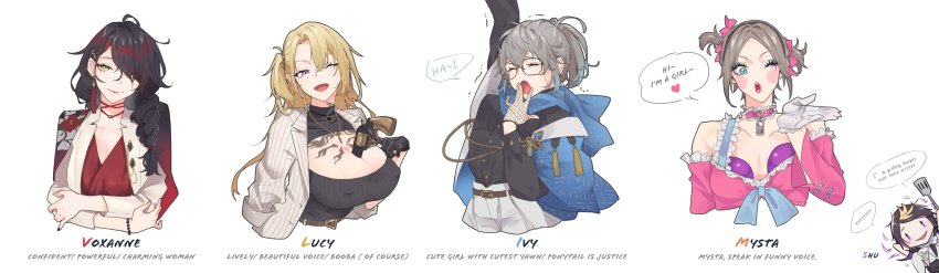 20chinn, 2boys, 3girls, absurdres, arm_up, bead_bracelet, beads, belt