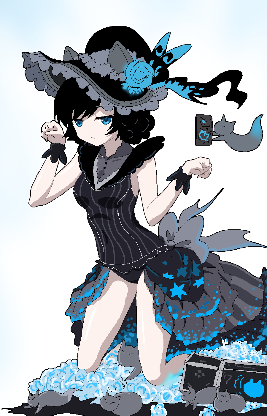 1girl, animal_ears, aqua_eyes, black_hair, blue_background, bow, bowtie, breasts