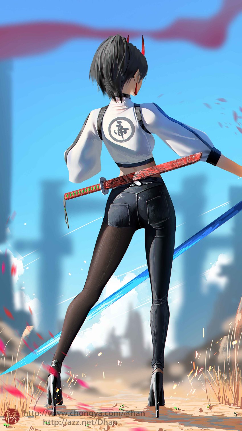 1girl, absurdres, ass, asymmetrical_legwear, black_hair, black_pantyhose, contrapposto, d-han