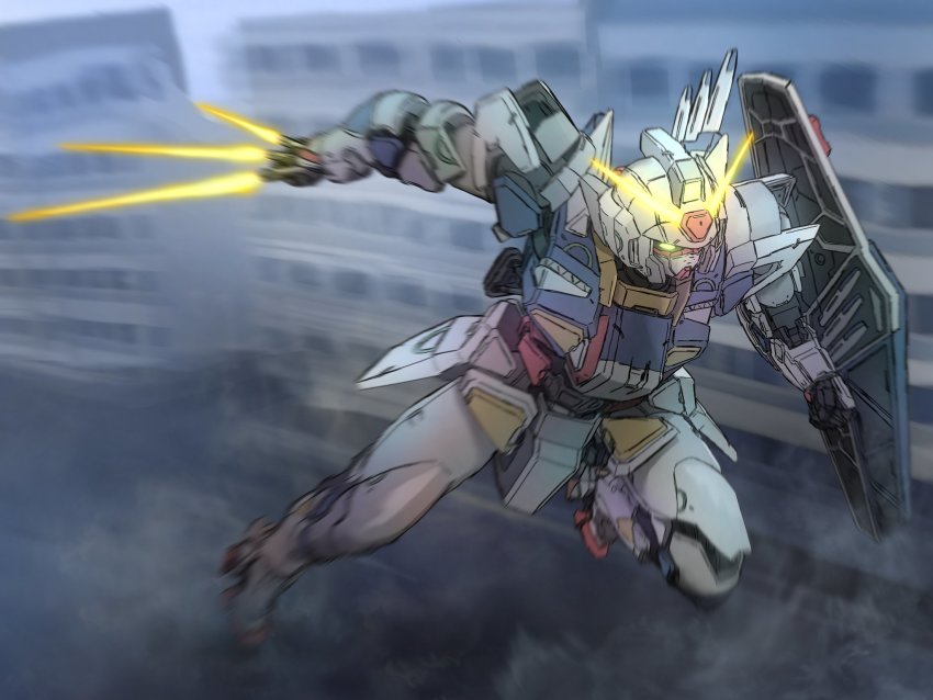beginning_gundam, between_fingers, charging_forward, energy_sword, glowing, glowing_eye, grey_background, gundam