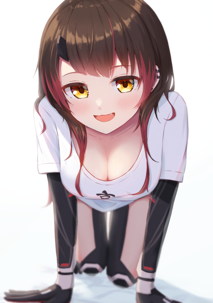 1girl, all_fours, blurry, blush, breasts, brown_hair, cleavage, commentary