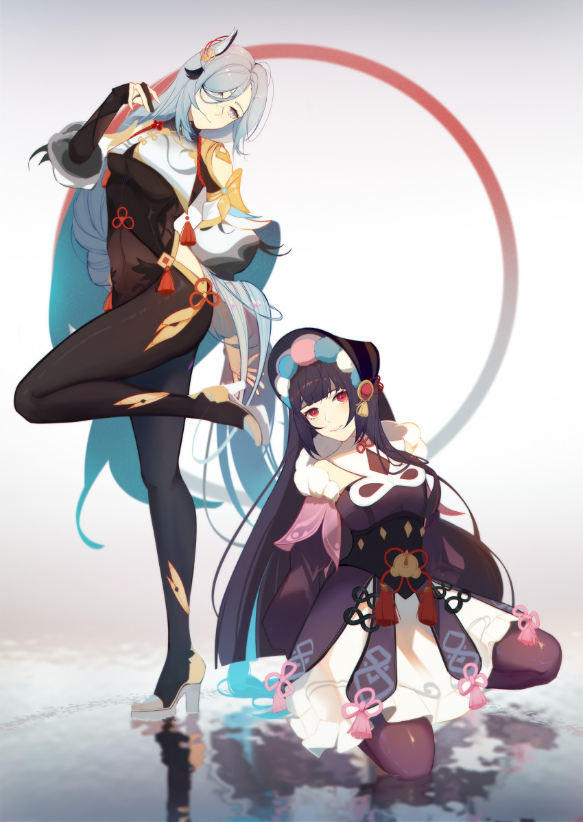 2girls, absurdly_long_hair, absurdres, black_dress, black_hair, black_headwear, blue_hair, bodystocking, single_breast_curtain, breasts, chinese_commentary, clothing_cutout, dress, feet, genshin_impact, grey_eyes, grey_hair, high_heel_sandals, high_heels, highres, hip_vent, jijing_zishui, leaning_to_the_side, long_hair, looking_at_viewer, medium_breasts, multiple_girls, platform_footwear, red_eyes, sandals, shenhe_(genshin_impact), smile, toes, very_long_hair, water, white_footwear, yun_jin_(genshin_impact)