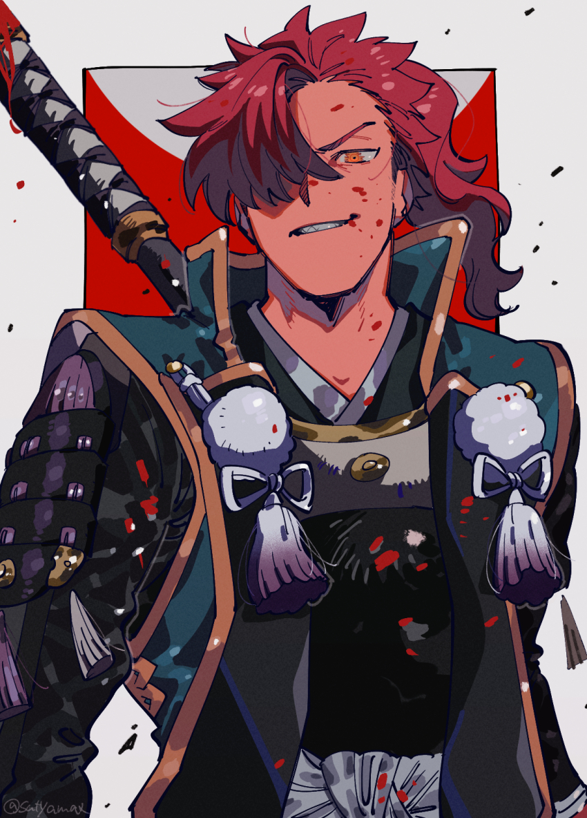 1boy, armor, blood, fate/grand_order, fate_(series), hair_over_one_eye, highres, holding