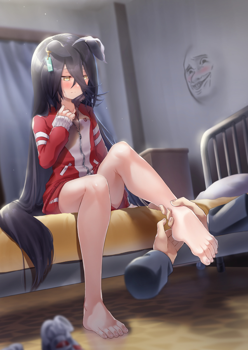 1girl, absurdres, animal_ears, bad_id, bad_pixiv_id, barefoot, bed, bedroom, black_hair, blush, commentary_request, disembodied_hand, earrings, foot_focus, hair_ornament, highres, holding_another's_foot, horse_ears, horse_girl, horse_tail, jacket, jewelry, long_hair, manhattan_cafe_(umamusume), reo-illust4696, sitting, solo_focus, sweatdrop, tail, track_jacket, umamusume, yellow_eyes