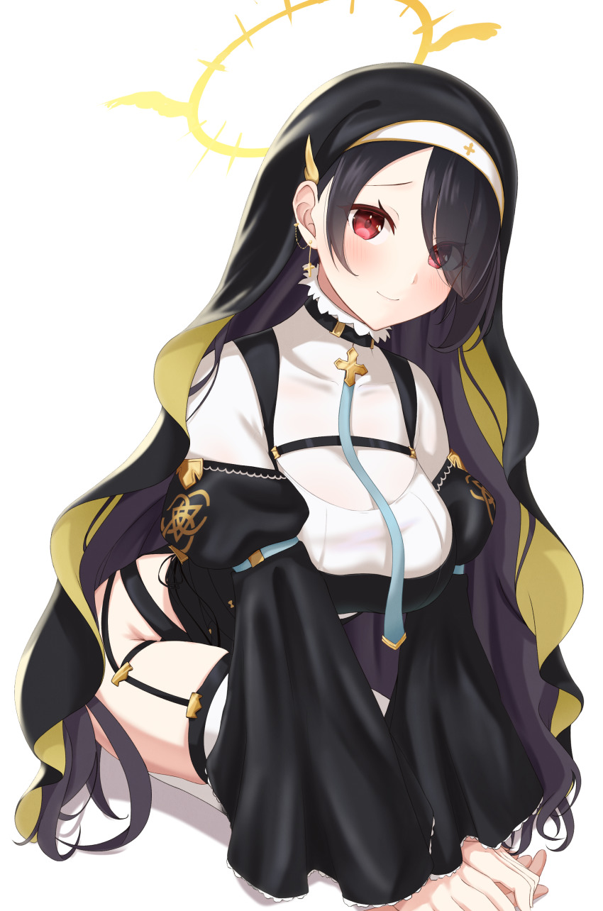 1girl, absurdres, asymmetrical_bangs, black_hair, blue_archive, blue_neckwear, closed_mouth, cross