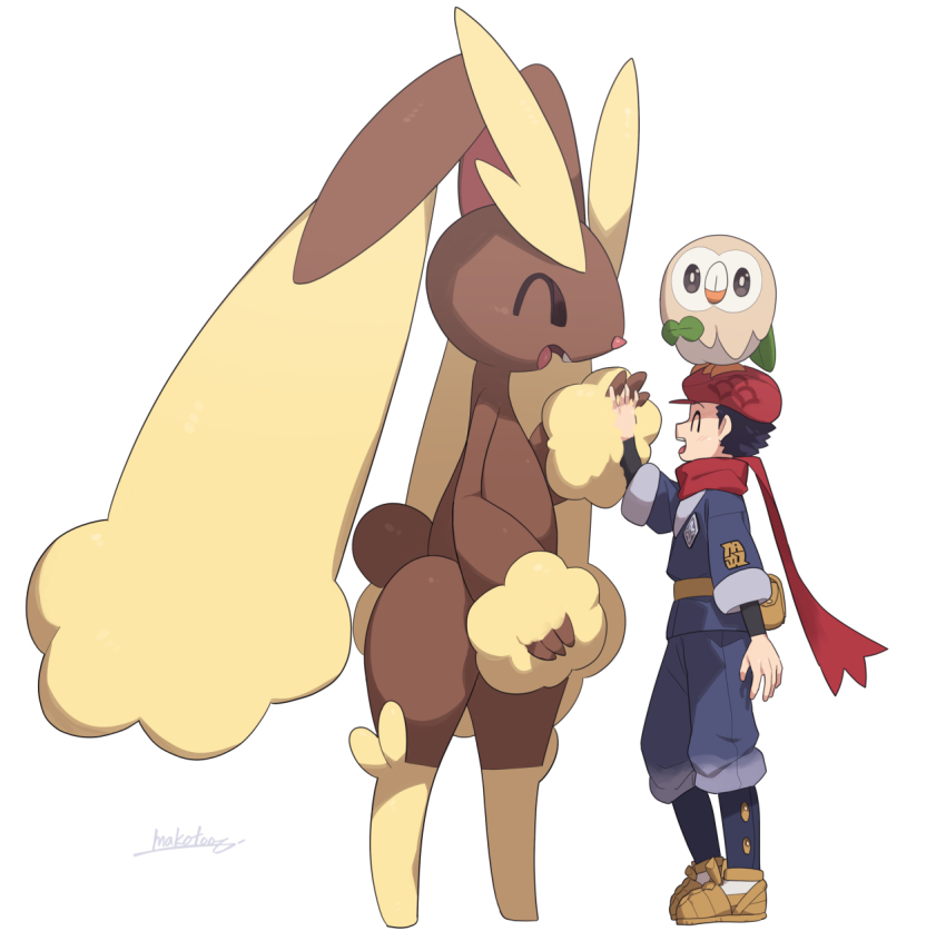 1boy, alpha_pokemon, full_body, furry, furry_with_non-furry, gen_4_pokemon, gen_7_pokemon, happy, hat, highres, interspecies, looking_at_another, looking_at_viewer, lopunny, makoto_ikemu, nintendo, pokemon, pokemon_(creature), pokemon_legends:_arceus, pokephilia, rabbit, rabbit_ears, rabbit_tail, red_scarf, rei_(pokemon), rowlet, rubbing, scarf, simple_background, size_difference