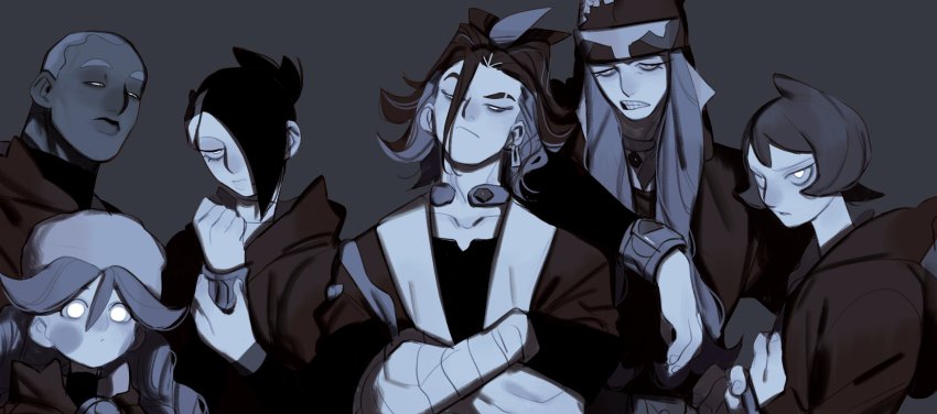 3boys, 3girls, adaman_(pokemon), arezu_(pokemon), crossed_arms, diamond_clan_outfit, eyebrow_cut, hat, highres, hood, iscan_(pokemon), jewelry, knbn_0728, looking_at_viewer, mai_(pokemon), melli_(pokemon), monochrome, multiple_boys, multiple_girls, neck_ring, nintendo, pokemon, pokemon_legends:_arceus, sabi_(pokemon)