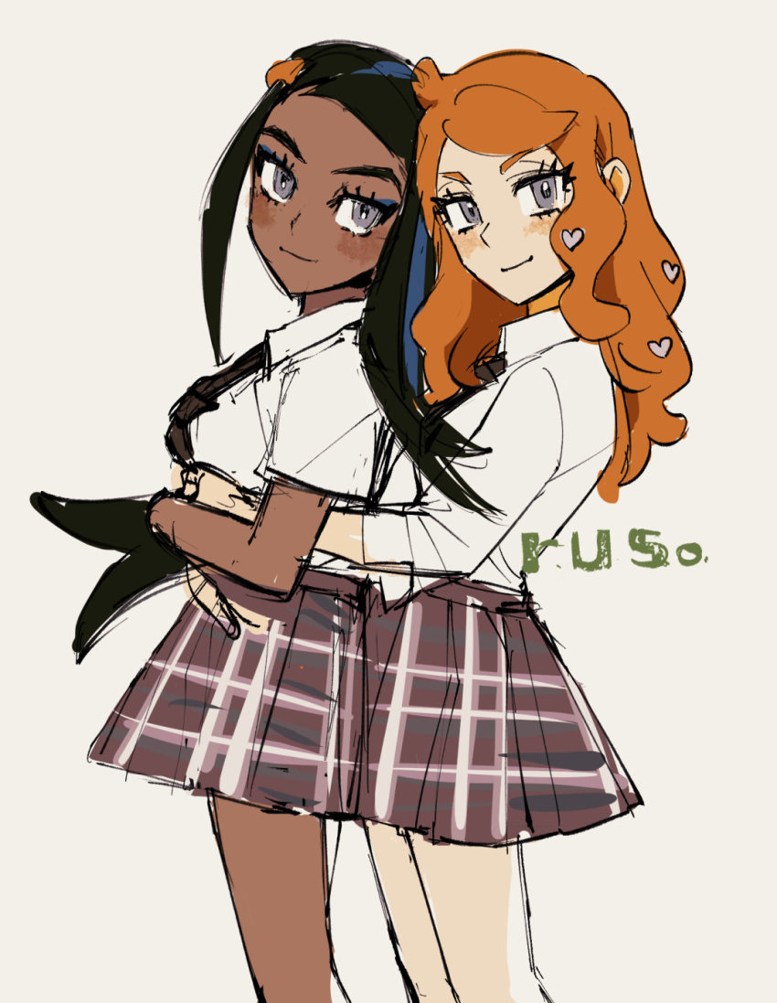 2girls, 3737-3737, black_hair, blue_hair, dark-skinned_female, dark_skin, hair_ornament, heart, heart_hair_ornament, highres, hug, hug_from_behind, multicolored_hair, multiple_girls, nessa_(pokemon), nintendo, orange_hair, parody, plaid_clothes, plaid_skirt, pokemon, pokemon_sword_and_shield, skirt, sonia_(pokemon), tatu, two-tone_hair