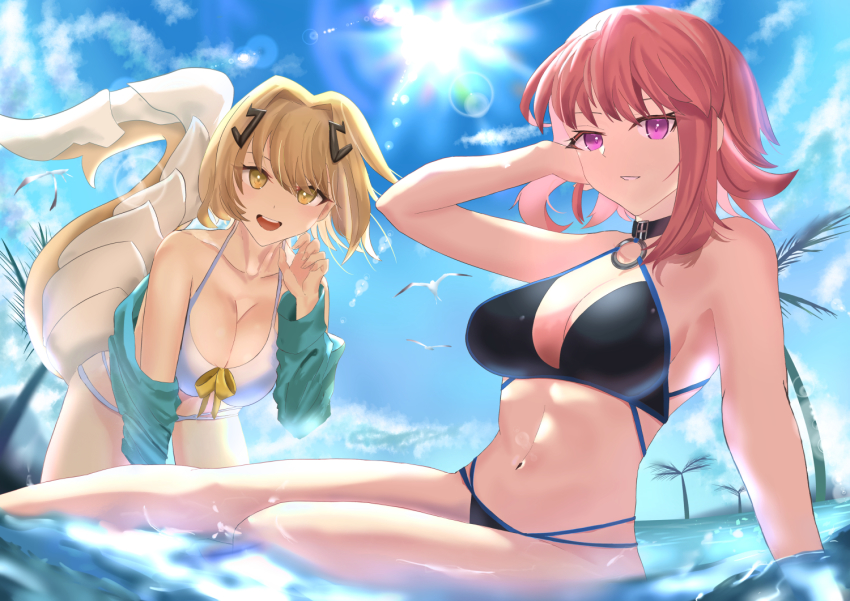 2girls, :d, alchemy_stars, aqua_jacket, bare_arms, bare_shoulders, bikini, black_bikini