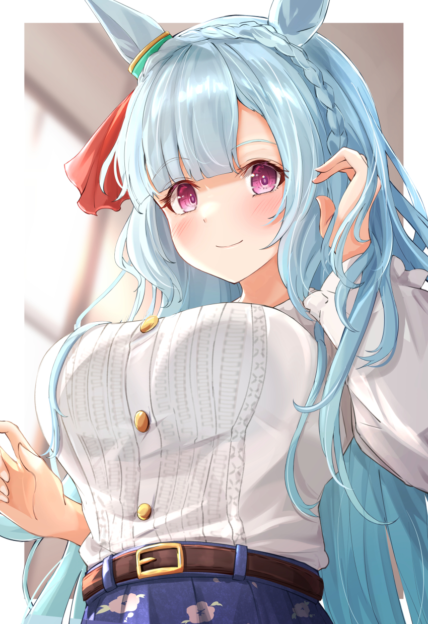 1girl, absurdres, animal_ears, belt, blue_hair, blunt_bangs, blurry, blurry_background