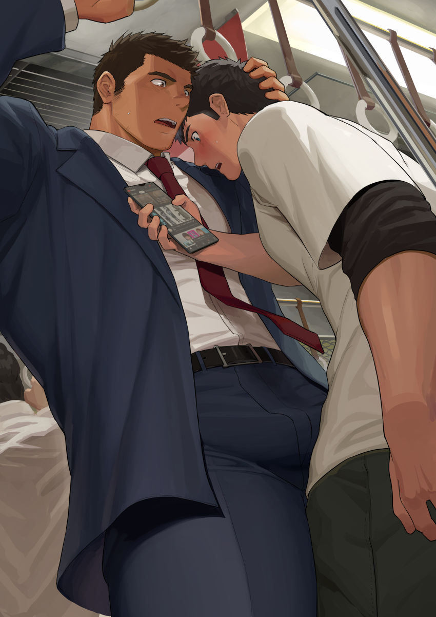 absurdres, bara, belt, black_belt, black_hair, black_jacket, black_pants, blue_eyes, brown_eyes, brown_hair, chikan, collared_shirt, dainyuu_(dgls), formal_clothes, green_pants, hand_on_another's_head, highres, holding, holding_phone, jacket, looking_at_another, looking_at_phone, medium_sideburns, molestation, muscular, muscular_male, necktie, open_clothes, open_jacket, open_mouth, original, pants, phone, salaryman, shirt, short_hair, sideburns, suit, train_interior, white_shirt, yaoi