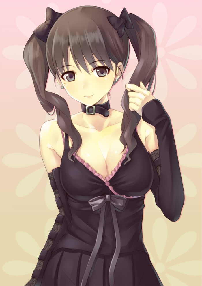1girl, anegasaki_nene, black_eyes, black_hair, breasts, cleavage, collar, detached_sleeves