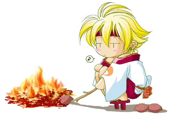 1boy, chibi, fire, hotaru_(samurai_deeper_kyo), male_focus, poking, potato, samurai_deeper_kyo